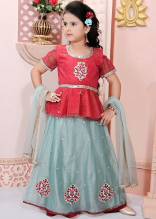 Green Readymade Peplum Style Kids Lehenga Choli