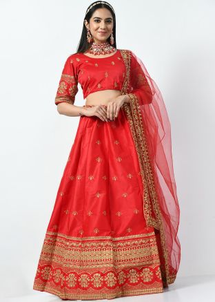 Red Embroidered Lehenga Choli In Satin