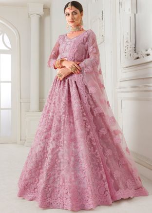 Pink Embroidered Net Lehenga Choli With Dupatta