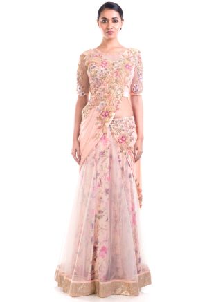 Pastel Pink Embroidered Lehenga Style Saree