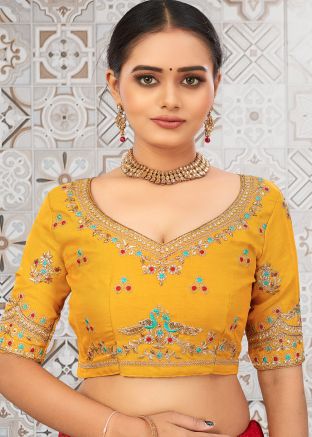 Yellow Embroidered Blouse In Art Silk