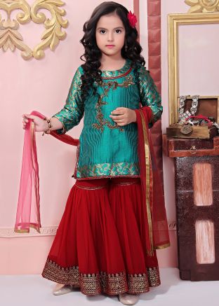 Green Embroidered Kids Readymade Gharara Suit