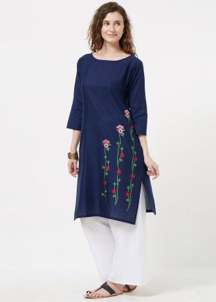 Navy Blue Embroidered Long Kurta Palazzo Set