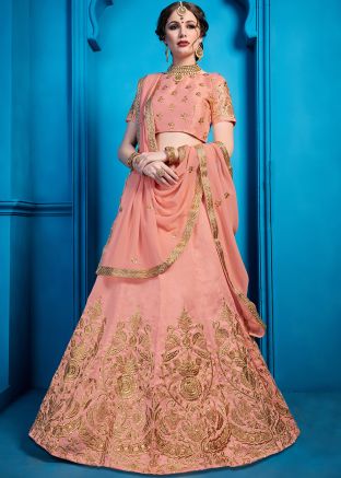 Peach Art Silk Zari Embellished Lehenga Choli