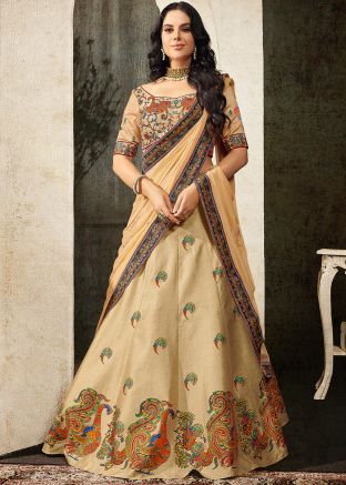 Beige Digital Printed Art Silk Lehenga Choli