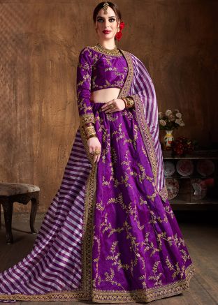 Purple Embroidered Lehenga Choli With Printed Dupatta