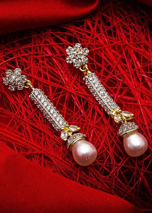 American Diamond Studded Golden Silver Dangler Earrings