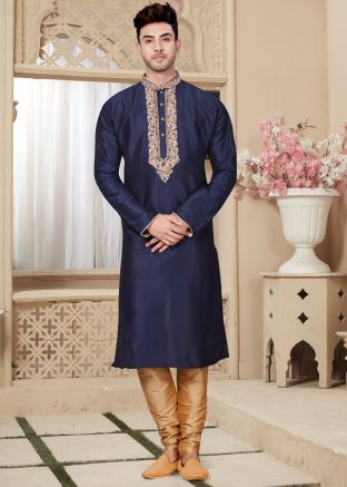 Navy Blue Art Dupion Kurta Pyjama Set