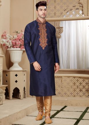 Dark Blue Art Dupion Kurta Pyjama Set