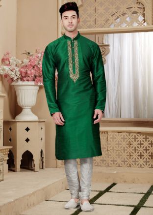 Dark Green Art Dupion Kurta Pyjama Set