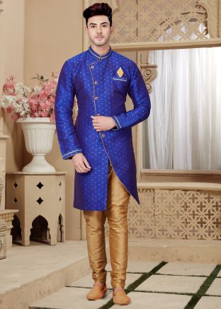 Blue Art Silk Indo Western Sherwani