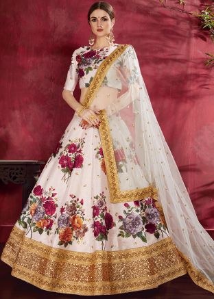 White Floral Print Lehenga Choli With Dupatta