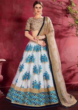 White and Blue Digital Floral Print Lehenga Choli