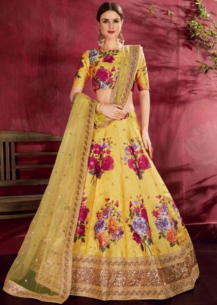 Yellow Floral Print Lehenga Choli With Dupatta