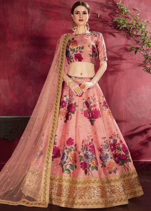 Peach Floral Print Lehenga Choli With Dupatta