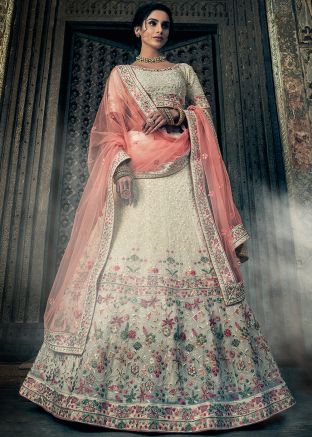 Off White Embroidered Georgette Lehenga Choli 