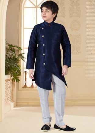 Navy Blue Asymmetric Art Silk Kids Sherwani Pant Set