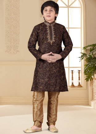 Brown Embroidered Art Silk Kids Kurta With Churidar