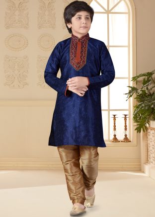 Navy Blue Embroidered Kids Kurta With Churidar