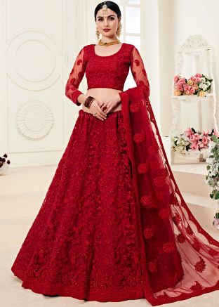 Red Embroidered Net Lehenga Choli With Dupatta
