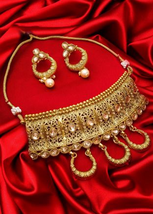 Pearl Golden Stone Studded Choker Necklace Set