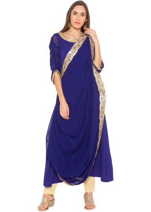Blue Asymmetric Twin Layered Kurta Pant Set
