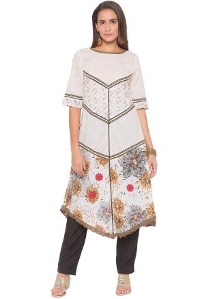 Asymmetric Floral Print Kurta Pant Set In White