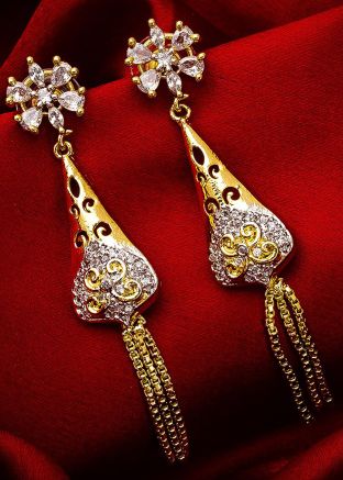 American Diamond Studded Silver Golden Dangler Earrings