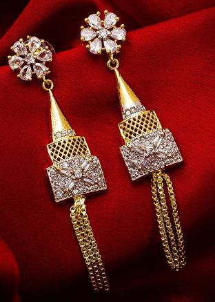 American Diamond Studded Silver Golden Dangler Earrings