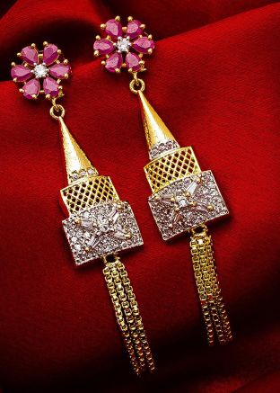 American Diamond Studded Golden Pink Dangler Earrings