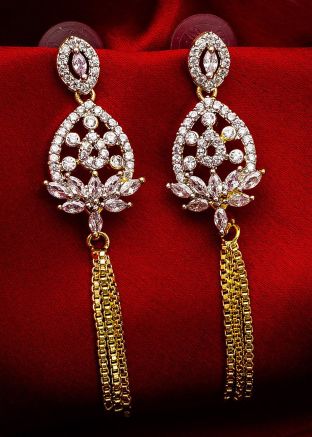 American Diamond Studded Golden Silver Dangler Earrings