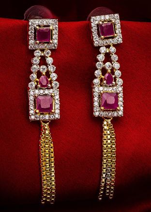 American Diamond Studded Silver Maroon Dangler Earrings
