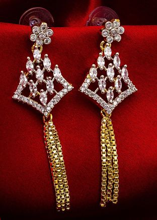 American Diamond Studded Golden Silver Dangler Earrings