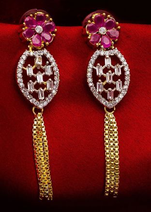 American Diamond Studded Silver Pink Dangler Earrings