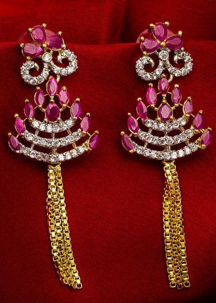 American Diamond Studded  Silver Pink Dangler Earrings 