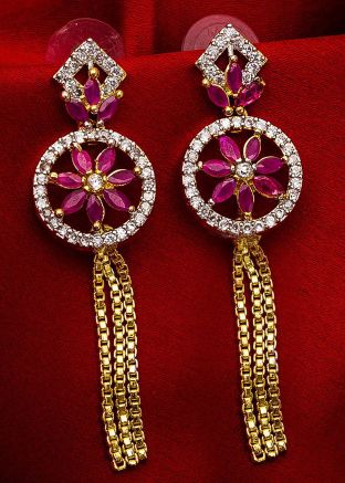 American Diamond Studded Silver Pink Dangler Earrings