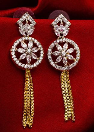 American Diamond Studded Maroon Silver Dangler Earrings
