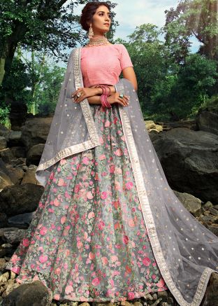 Grey Floral Embroidered Lehenga Choli With Dupatta