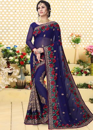Navy Blue Georgette Embroidered Saree 