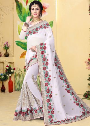 Off White Georgette Embroidered Saree 