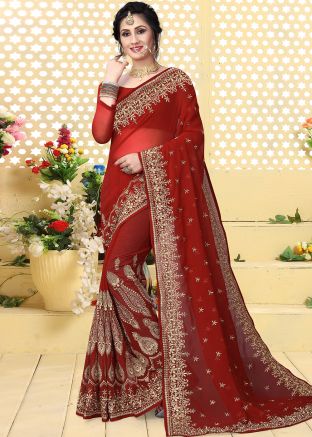 Maroon Georgette Embroidered Saree 