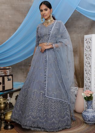 Grey Embroidered Net Lehenga Choli With Dupatta