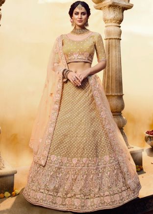Golden Art Silk Embroidered Lehenga Choli With Dupatta