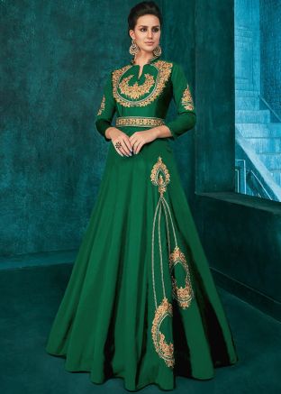 Green Embroidered Readymade Indowestern Gown