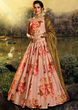 Peach Organza Silk Floral Digital Print Lehenga Choli
