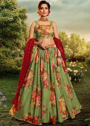 Green Floral Digital Print Organza Silk Lehenga Choli