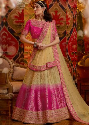 Beige And Pink Shaded Woven Lehenga Choli With Dupatta