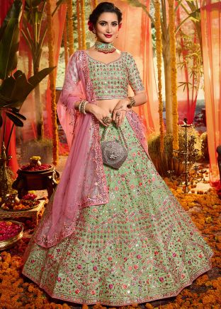 Green Organza Silk Embroidered Lehenga Choli With Dupatta