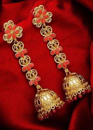 Stone Studded Red and Golden Jhumka Earrings