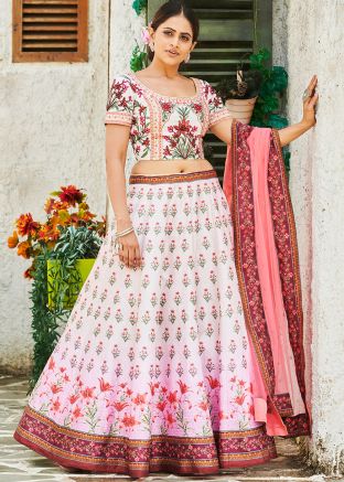 White and Pink Shaded Digital Floral Printed Lehenga Choli